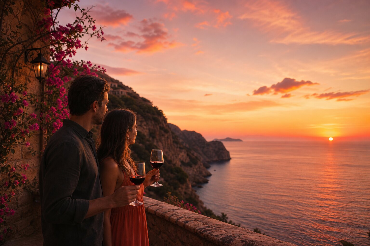 A couple enjoying Spanish wine on a terrace at sunset